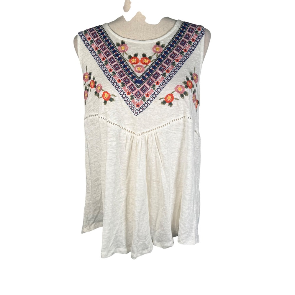 Sundance Embroidered Linen Tank Top Womens Size M White Boho Floral Sleeveless